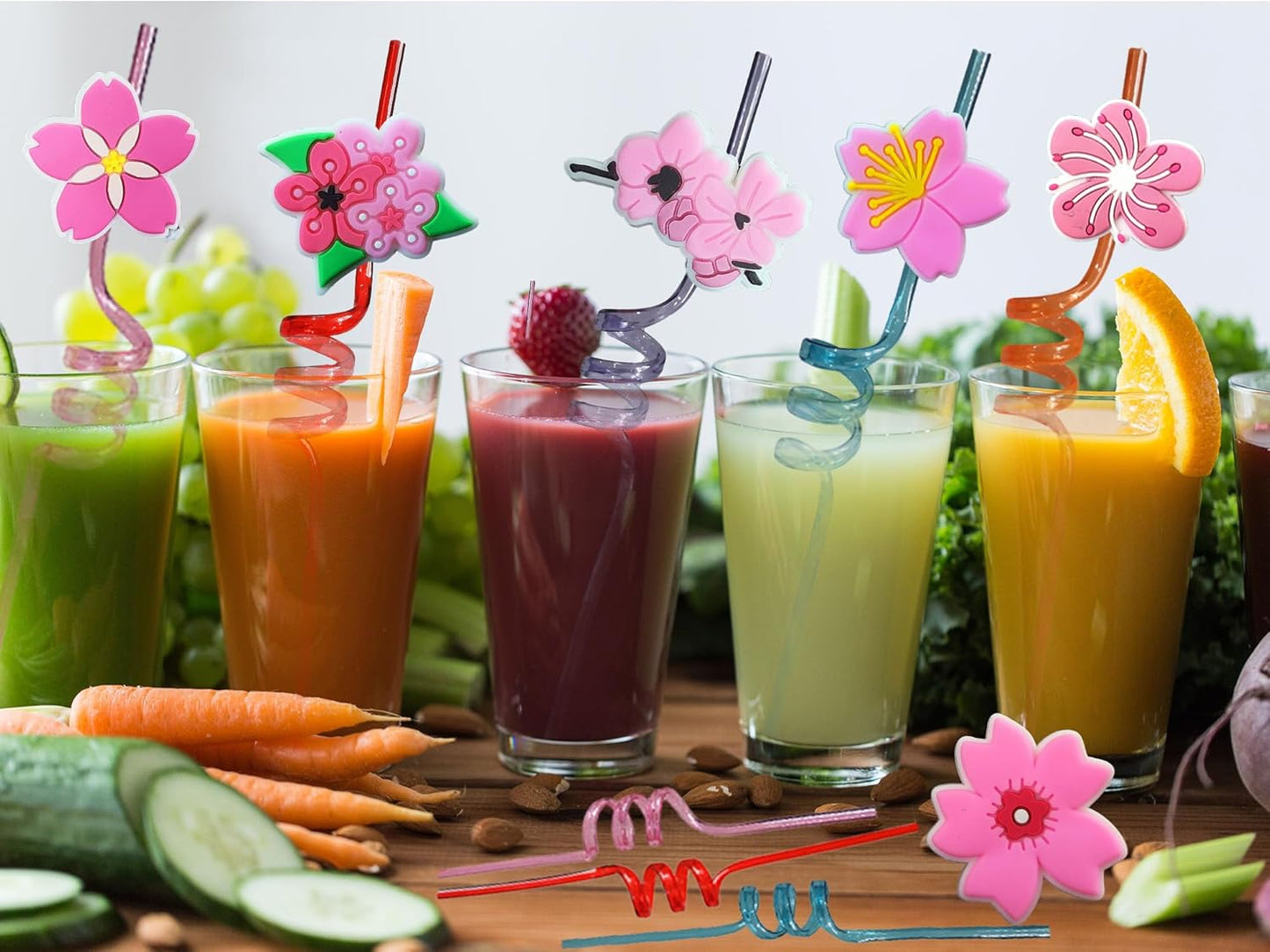 24 Bulk Flowers Reusable Plastic Straws, Drink Straws Birthday Summer Activity.Hoilday Student Show Party Supply Favors