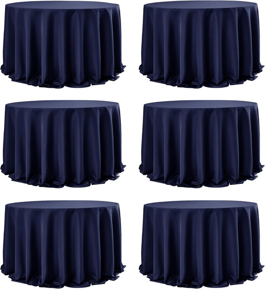 6-Pack Navy Blue Round Tablecloths, 132 Inches, Stain-Resistant Polyester for 6-8 Ft Round Tables - Washable Table Covers for Weddings, Banquets, Birthday Parties, Events