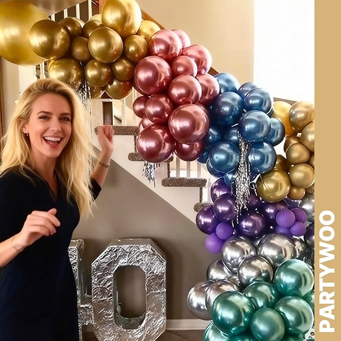 PartyWoo Metallic Balloons 65pcs 12 Inch Metallic Blue Silver Gold Purple Pink Green Rose Gold Latex Balloons for Baby Shower Wedding Engagement Unicorn Rainbow Birthday Party Decorations