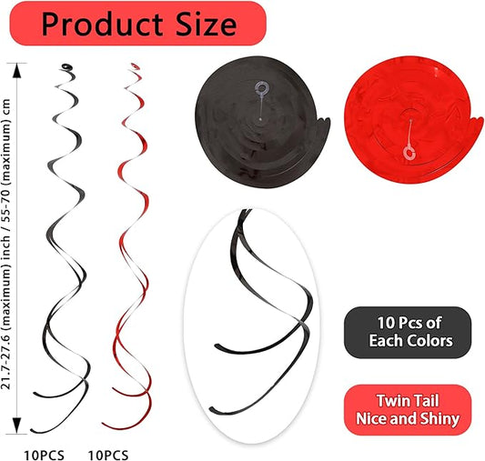 BEISHIDA Red Black Hanging Swirls Party Decorations Plastic Streamer for Ceiling, Mouse Theme Birthday Casino Graduation Hanging Party Supplies, Pack of 20