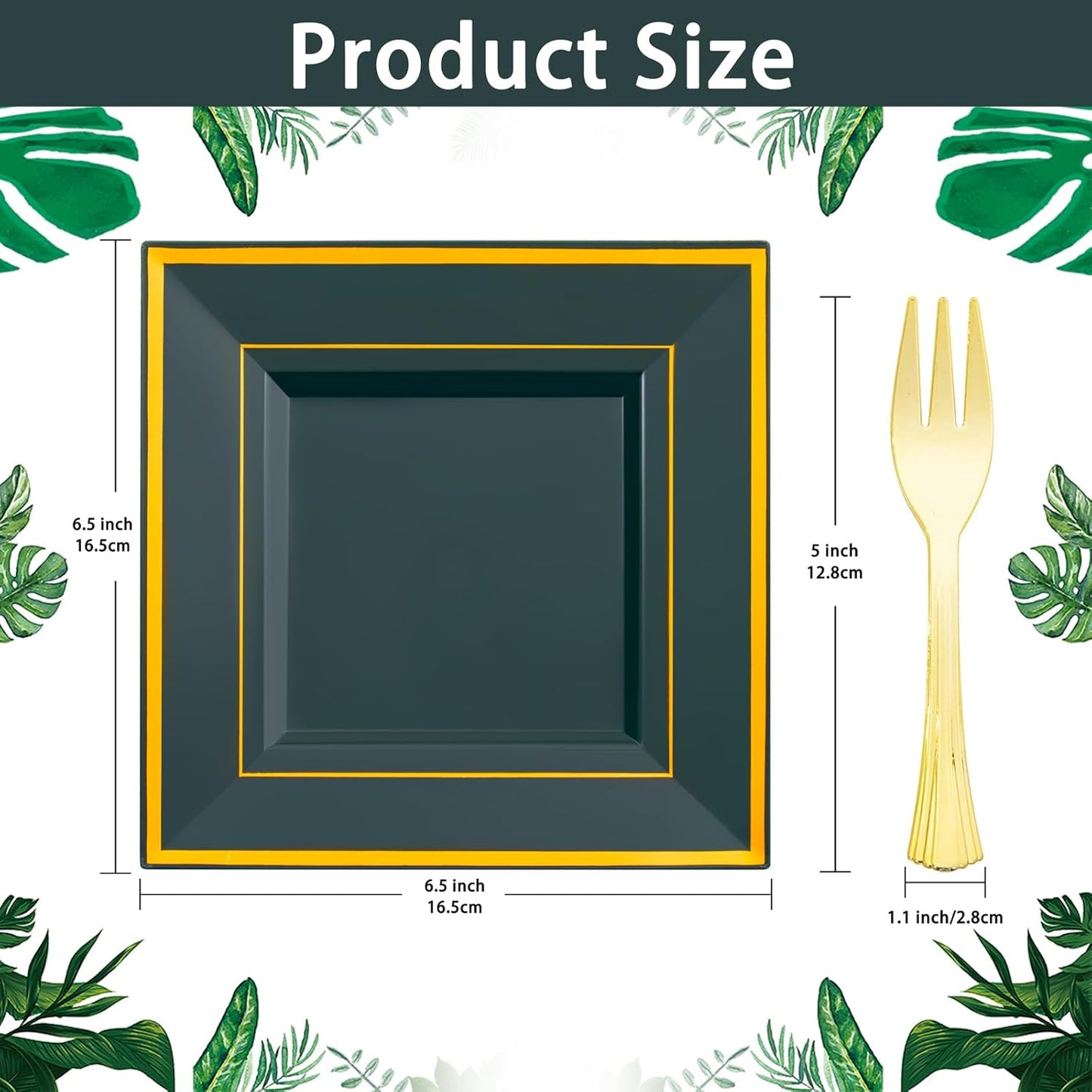 WDF 200PCS Green and Gold Plastic Dessert Plates with Plastic Forks -6’’ 100 Square Disposable Appetizer Plates Small Plates Cake Plates with Gold&100 Green Small Appetizer Forks for Christmas