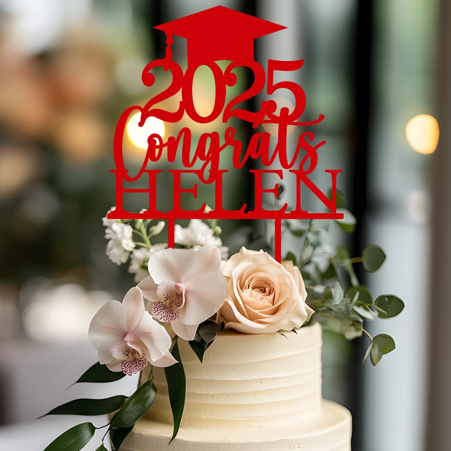 Personalized Graduation Cake Topper - Wood/Acrylic Graduation Cake Topper Class Of 2025 with Any Name, Custom Congrats Grad Hat Glitter Gift Party Cake Décor