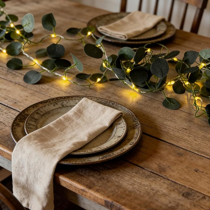 Artificial Eucalyptus Leaves Foliage String Lights 6.6Ft 20 LED Fairy Leaf Lights Warm White Greenery Vines Garland and Table Runner, Battery Operated Wedding Backdrop Wall Decor