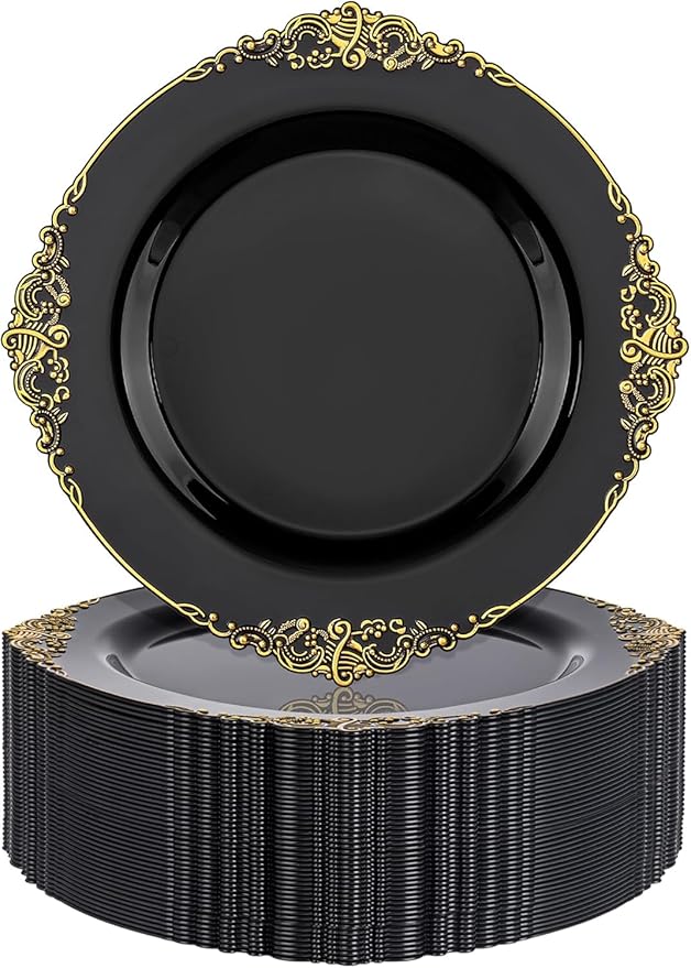 Nervure 100PCS Black and Gold Plastic Plates - 10.25Inch Black Disposable Plates - Black Plastic Dinner Plates for Wedding & Party