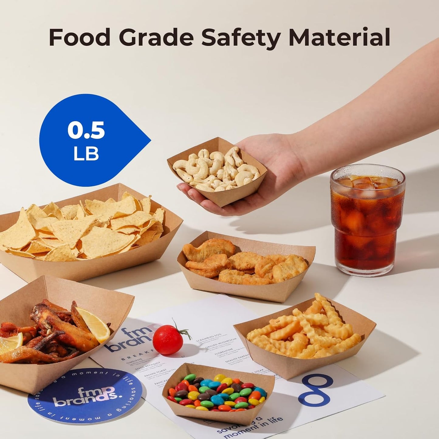 Fit Meal Prep [250 Pack 0.5 lb Paper Food Boats Heavy Duty Disposable Food Trays, Kraft Brown Nacho Tray for Parties Fairs Picnics Carnivals, Holds Sause Candies Nut Grease Resistant