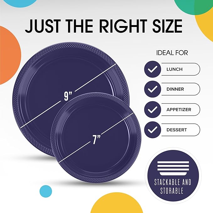 Party Solids Navy Plastic Plates For Party Supplies, Navy Disposable Plates 100 Pieces - 50-7" & 50-9" Heavy Duty 350 GSM Disposable Dinnerware Sets, Plastic Dinnerware Sets