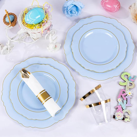 Liacere 175PCS Bule Plastic Plates - Disposable Ligh Bule and Gold Plates - Baroque Plastic Dinnerware 50Plates, 25Pack Pre Rolled Napkins with Silverware 25Cups for Baby Shower Party &Easter Day