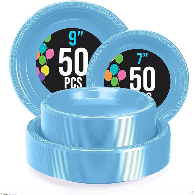 Party Solids Light Blue Plastic Plates For Party Supplies, Light Blue Disposable Plates 100 Pieces - 50-7" & 50-9" Heavy Duty 350 GSM Disposable Dinnerware Sets, Plastic Dinnerware Sets