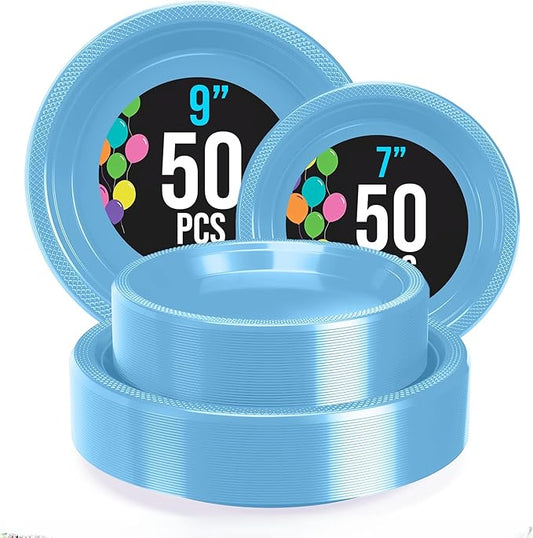 Party Solids Light Blue Plastic Plates For Party Supplies, Light Blue Disposable Plates 100 Pieces - 50-7" & 50-9" Heavy Duty 350 GSM Disposable Dinnerware Sets, Plastic Dinnerware Sets