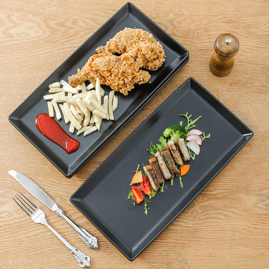 Ceramic Serving Tray, 14 Inches Large Serving Platter, Rectangular Serving Tray, Porcelain Serving Plates, Ceramic Serving Dishes for Dinner, Party, Sushi, Dessert, Food, Set of 4 (Matte Black)