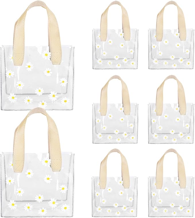 Whaline 12Pcs Clear PVC Gift Bags with Handle Bridesmaid Gift Bags Cute Daisy Flower Reusable Transparent Party Favor Bag Goodie Treat Bag for Mother's Day Wedding Birthday Baby Shower Party Supplies