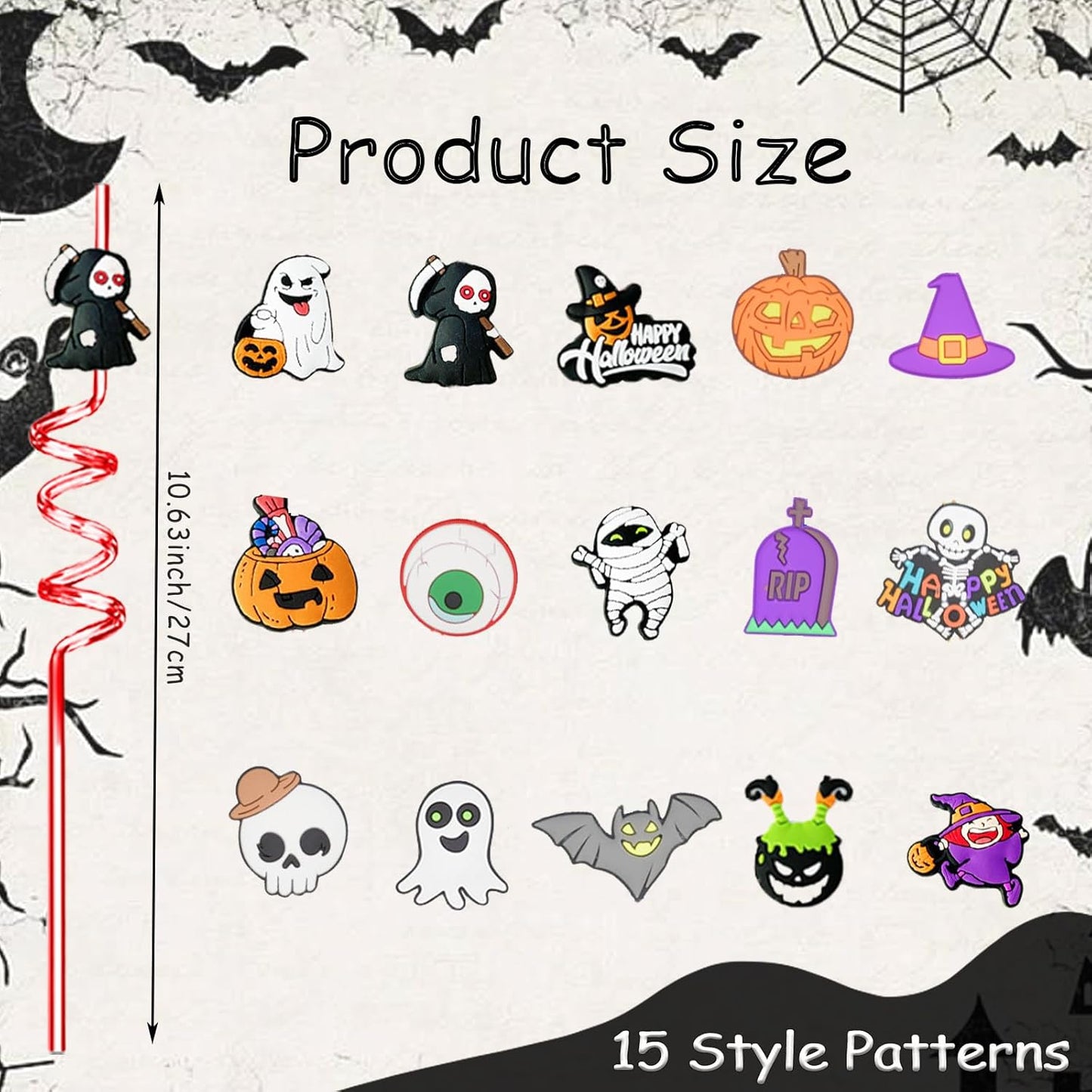 30Pcs Halloween Drinking Straws Reusable Party Favors Pumpkin Skull Ghost Witch Theme Drinking Straws with Cartoon Decoration for Kids Halloween Party Supplies, 15 Styles