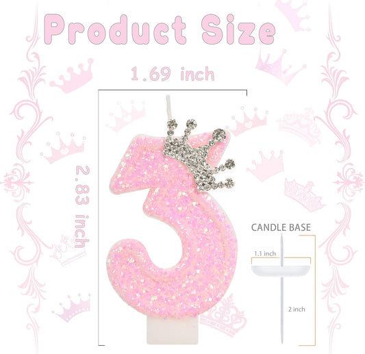 Birthday Candle for Cake, Crown Pink Number Candles, 2.76 inch Cake Topper Decoration for Birthday Party (Number 3)
