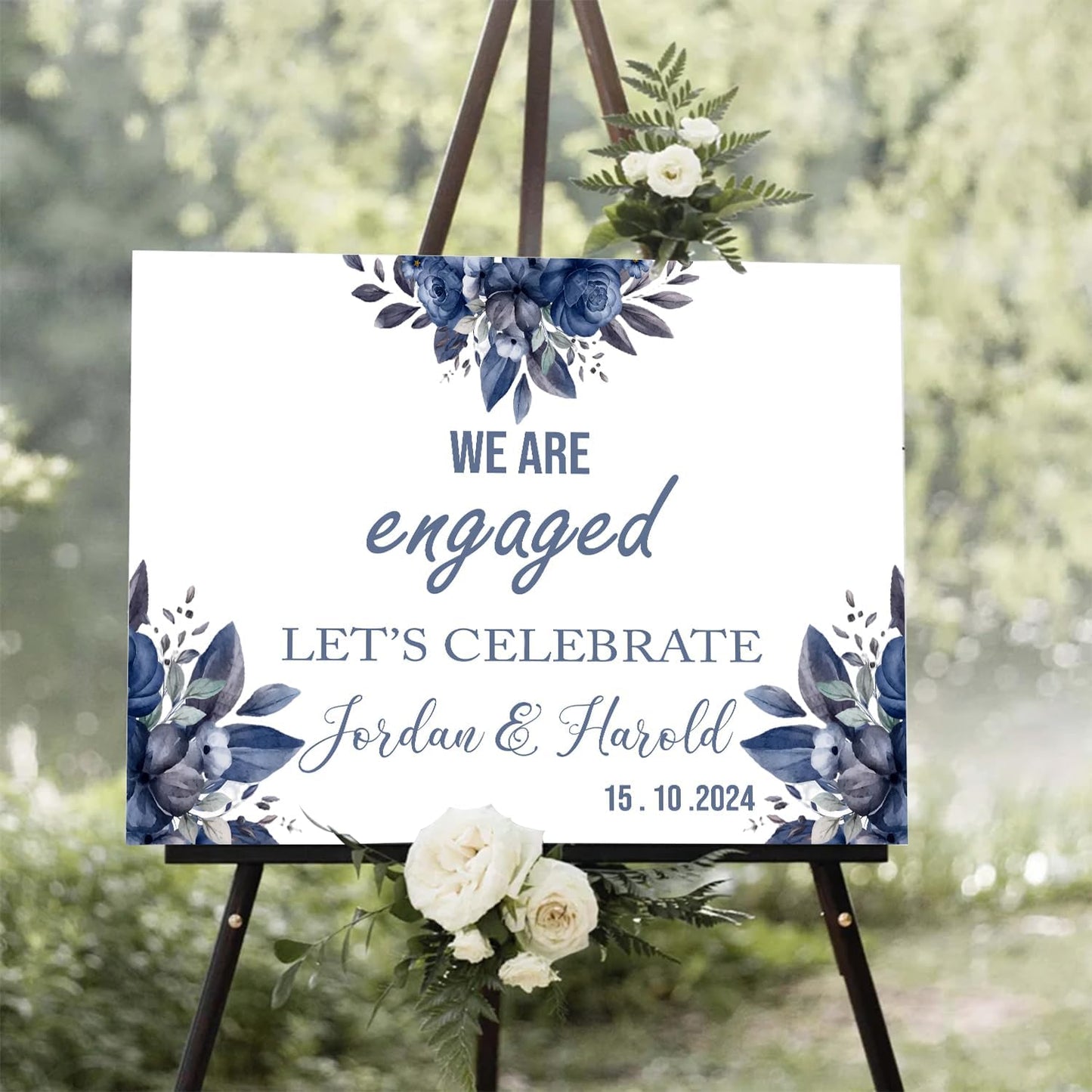 Blue Rose Flower Engagement Welcome Sign - We Are Engaged Minimalist Photo, Rustic Decor for Our Party