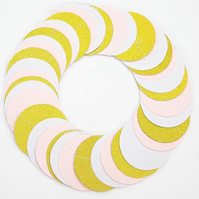 Light-Pink White Gold Party Decorations - 52Ft Paper Garland Circle Dots Streamers Banner Girl Women Birthday Bridal Shower Wedding Bachelorette Engagement Graduation Hanging Decor Hongtongtong