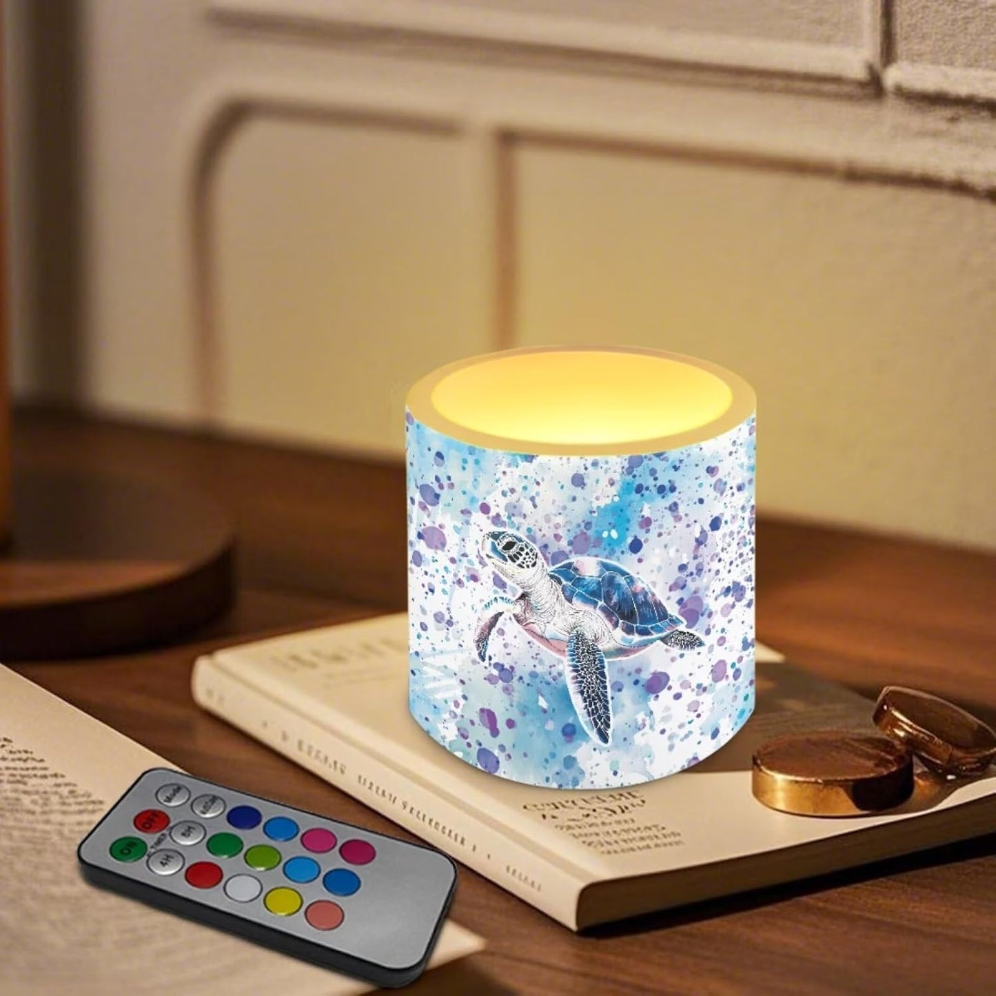 Poceacles Battery Operated LED Candles Set of 4 Remote and Timer Flameless Votive Candles, Multi-Color Flickering Tea Light for Home Parties Holidays Decor, Watercolor Sea Turtle Violet Blue