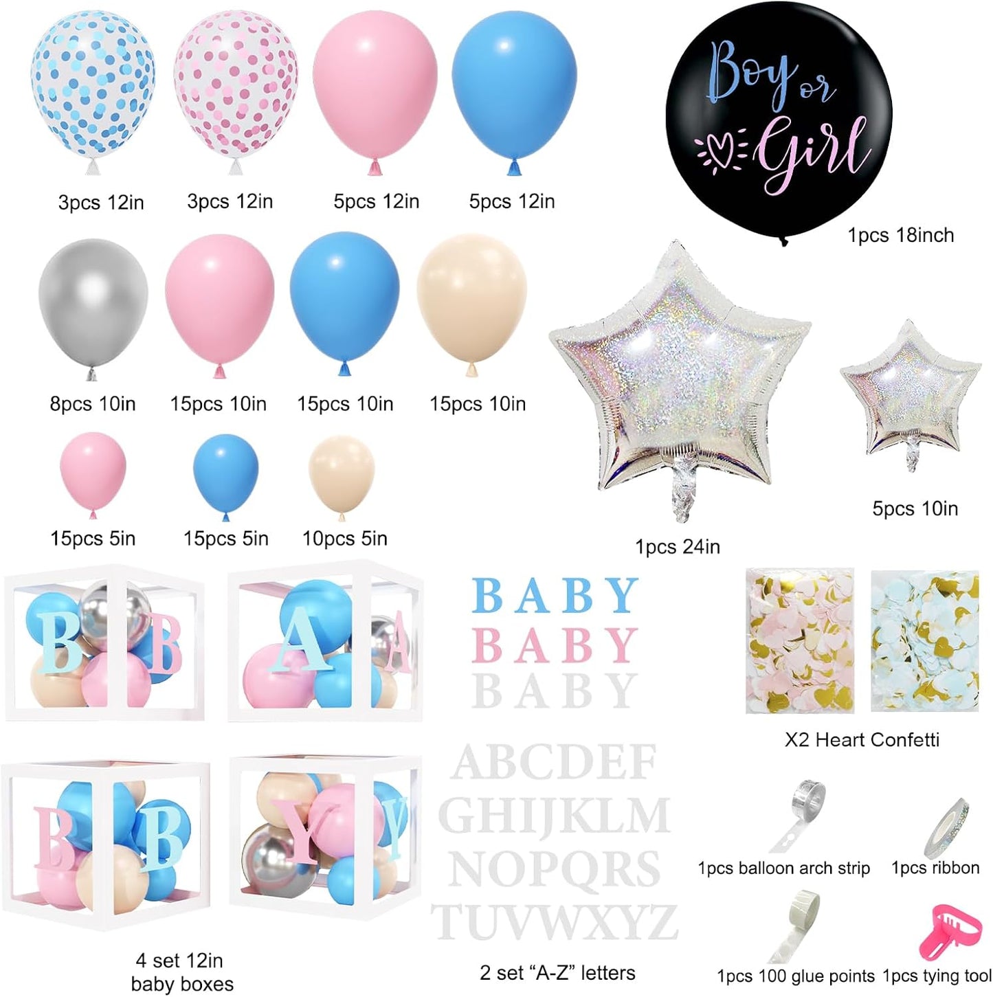 Amandir 164PCS Baby Boxes Gender Reveal Balloon Decorations, Pink and Blue Balloon Garland Kit 4pcs Boxes with Letters for Baby Shower Birthday Boy or Girl Gender Reveal Party Supplies