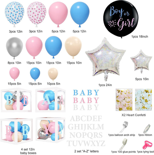 Amandir 164PCS Baby Boxes Gender Reveal Balloon Decorations, Pink and Blue Balloon Garland Kit 4pcs Boxes with Letters for Baby Shower Birthday Boy or Girl Gender Reveal Party Supplies