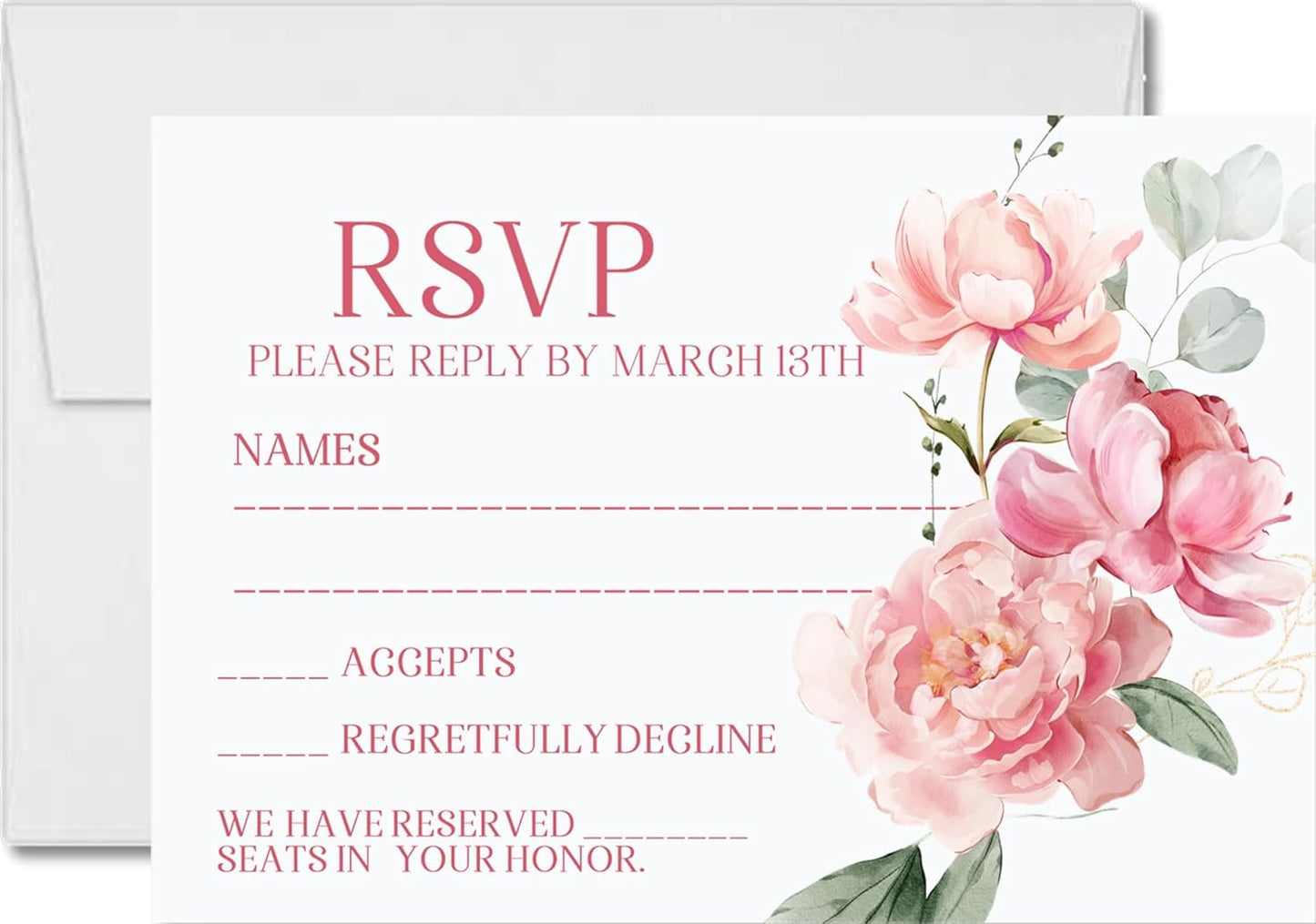 Pink & Peach Floral Wedding Invitations, Garden Design, Personalized, Set of 12 Invitations with Envelopes