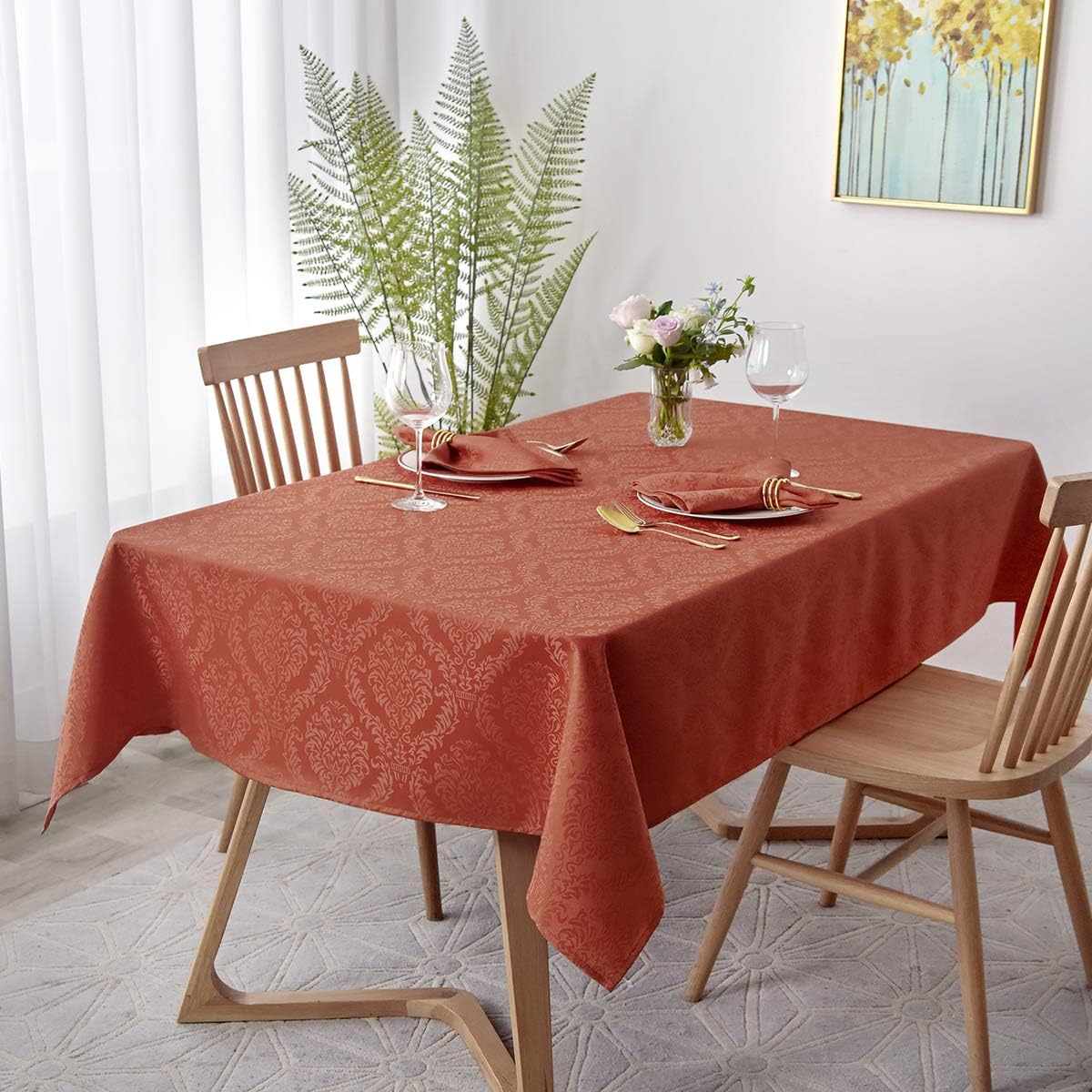 maxmill Jacquard Tablecloth Damask Design Spillproof Wrinkle Free Heavy Weight Soft Table Cloth Decorative Fabric Table Cover for Outdoor and Indoor Use Oblong 60 x 120 Inch Rust