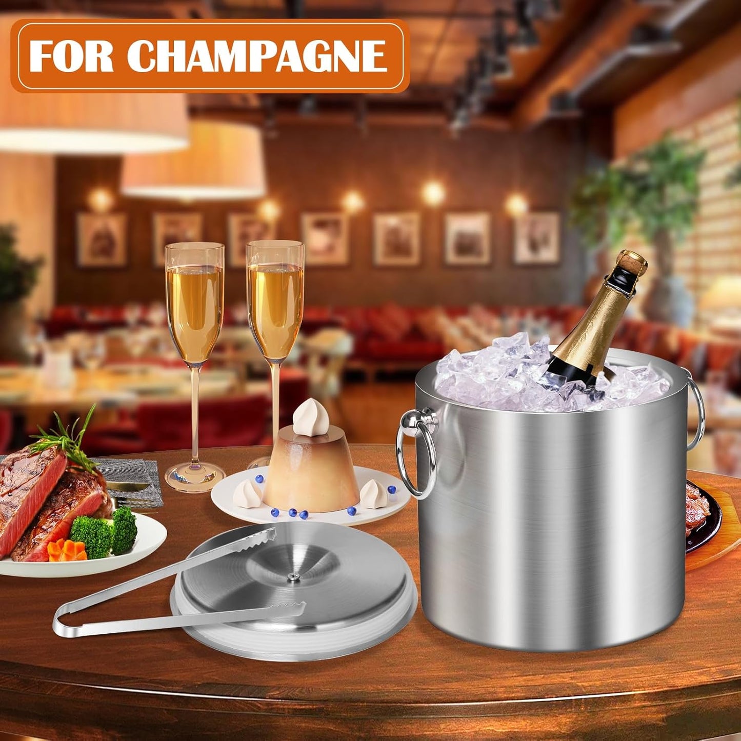 Ice Bucket with Lid & Tong- Well Made Insulated Stainless Steel Keep Ice Frozen Longer - Ideal for Cocktail Bar, Parties, Chilling Wine, Champagne - 3 Liter (Stainless Steel)