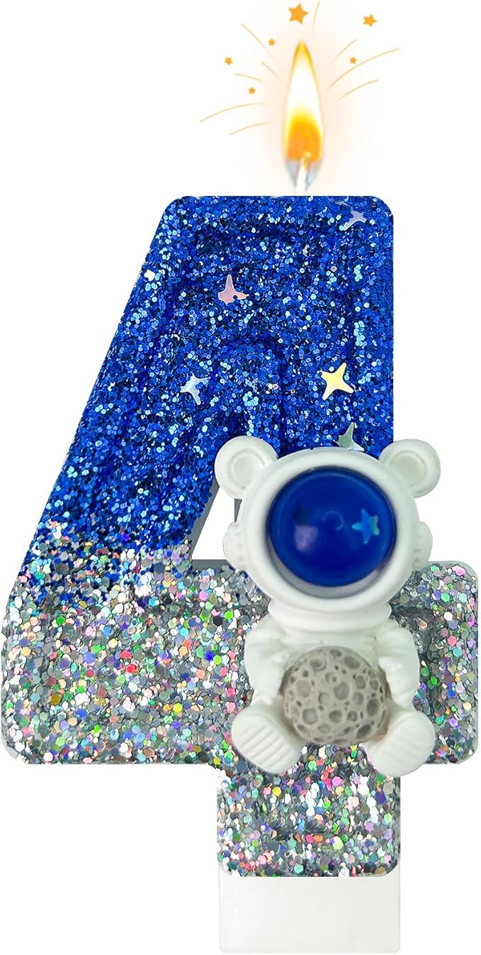 HXOUSE Astronaut 4th Birthday Candle - Space Universe Sparkler 4 Candle for Birthday Cake Boy, Topper for Party Decorations Anniversary Celebrations (Number 4)