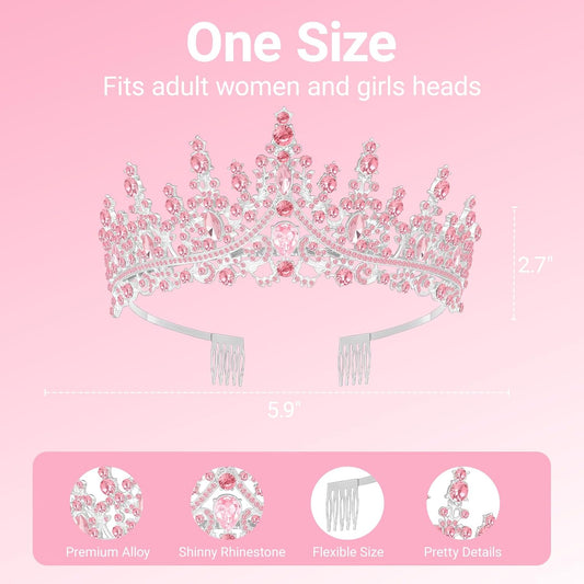 Birthday Tiara and Crown with Sash, Birthday Tiara for Women Party (Pink)