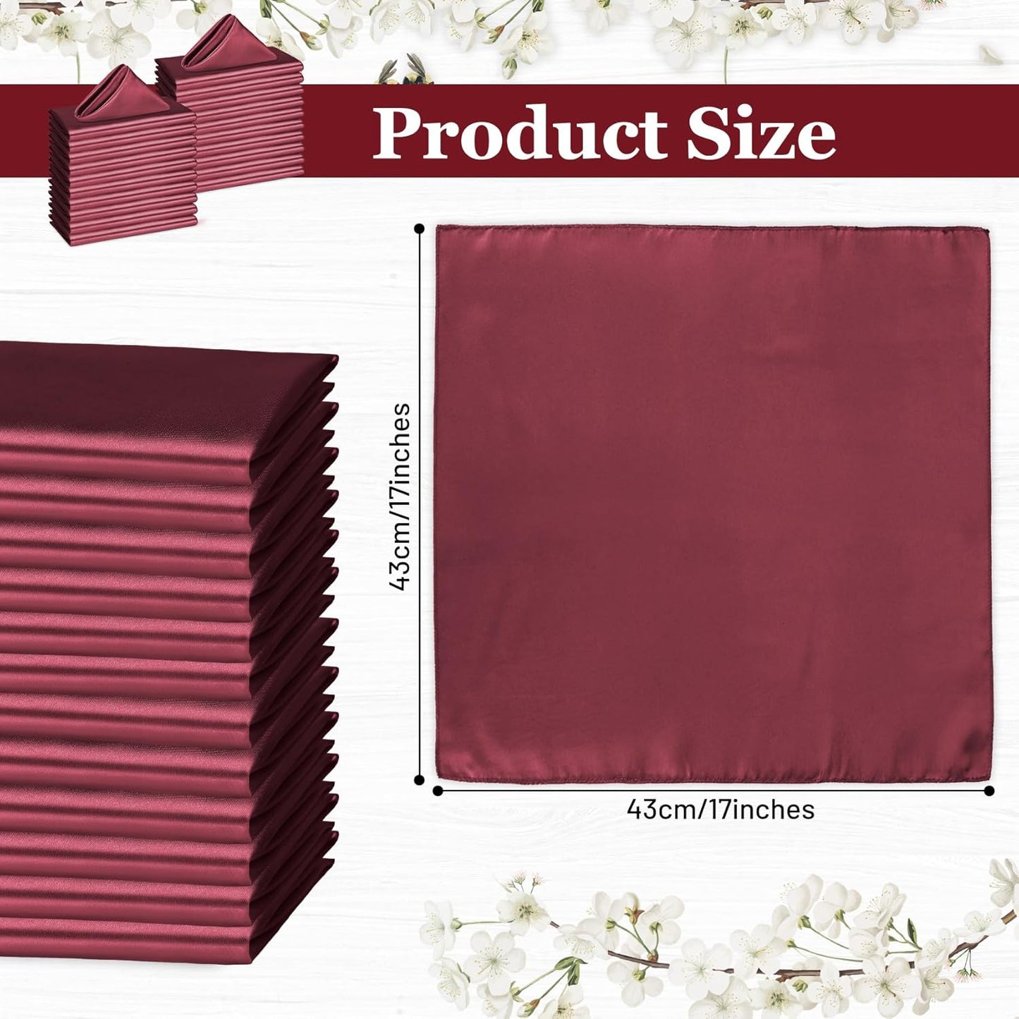 Bailarina 40 Pack Burgundy Satin Napkins,17x17 Inches Wedding Napkins Square Soft Silky Table Napkins Bulk Decorative Elegant Cloth Napkin for Party Decoration, Banquet,Wedding,Graduation