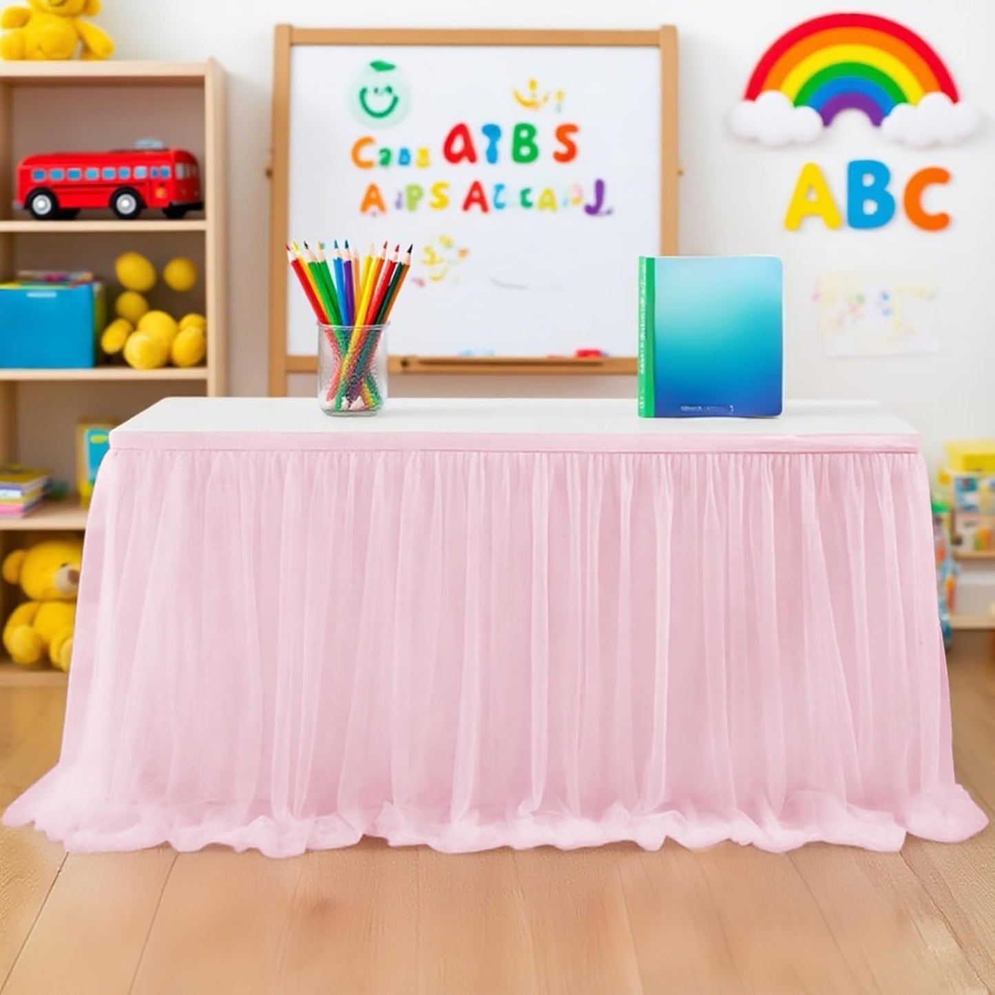 9FT Tulle Table Skirt for Teacher Desk Rectangular Ruffle Table Back to School Supplies for Kindergarten Preschool Middle School Classroom Decor, Light Pink