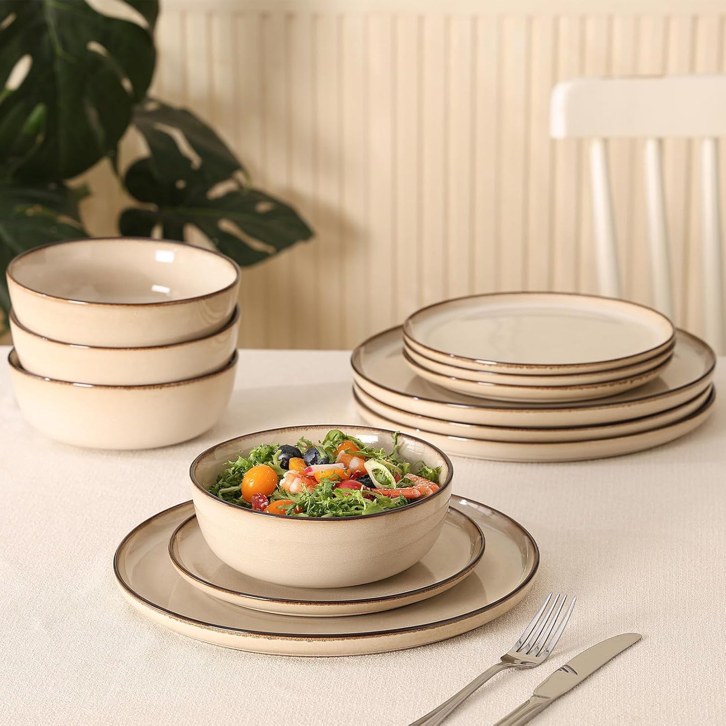 Ceramic Salad Dessert Plates Set: 8 inch Porcelain Reactive Glaze Plates Set, Mordern Stoneware Kitchen Dinnerware Dishes Set, Microwave & Dishwasher Safe, Scratch Resistant, Set of 4 (Beige)