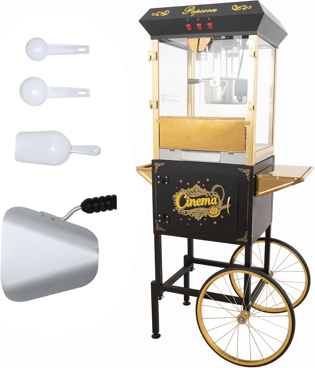 Upgraded 16oz Commercial Popcorn Machine with Cart, Large Popcorn Machine Makes Up to 80 Cups, Movie Theater Pop Corn Machine with Easy-Rolling wheels & Stainless-Steel Kettle, Black&Gold