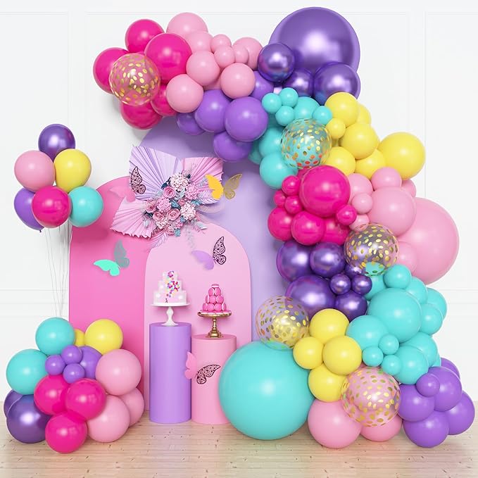 Amandir 153pcs Purple Blue Pink Balloon Garland Arch Kit, Different Sizes 18 12 10 5 inch Teal Yellow Latex Metallic Confetti Balloons for Magic Birthday Engagement Party Decoration