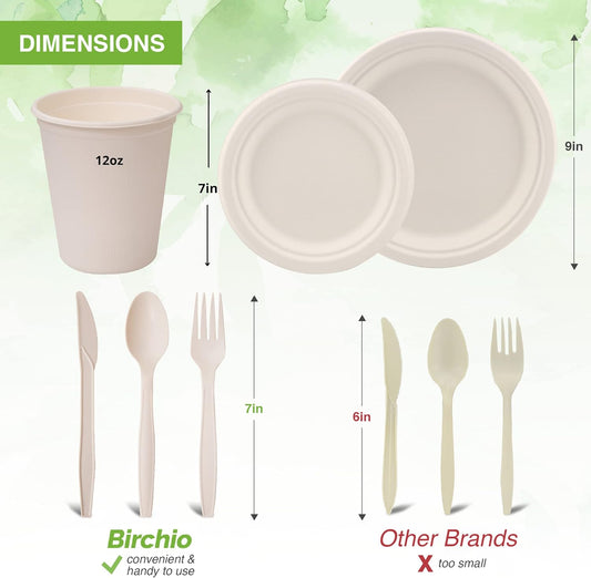 300 Piece (50 Sets) Biodegradable Paper Plates Set (EXTRA LONG UTENSILS), Disposable Dinnerware Set, Eco Friendly Compostable Plates & Utensil include Plates, Cups, Forks, Knives and Spoons