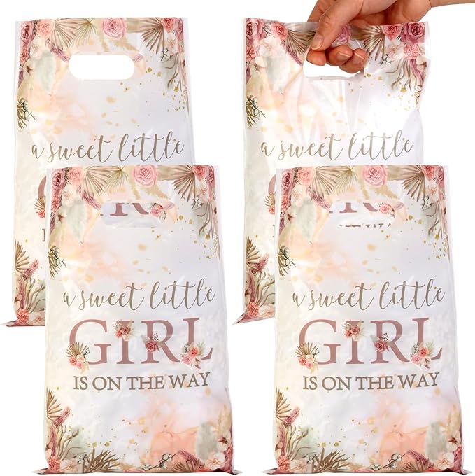 Serencatcher 50Pcs Boho Pampas Grass Baby Shower Party Favor Bags, Pampas Grass A Sweet Little Girl Is On The Way Gift Bags with Handles Plastic Treats Goodie Bag for It's a Girl Baby Shower Decorations Party Supplies