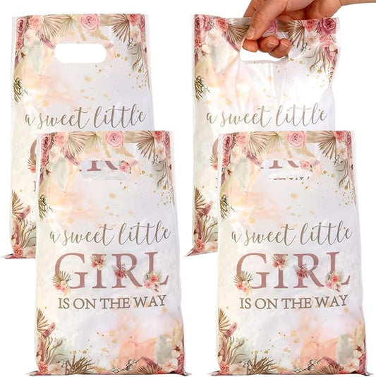 Serencatcher 50Pcs Boho Pampas Grass Baby Shower Party Favor Bags, Pampas Grass A Sweet Little Girl Is On The Way Gift Bags with Handles Plastic Treats Goodie Bag for It's a Girl Baby Shower Decorations Party Supplies