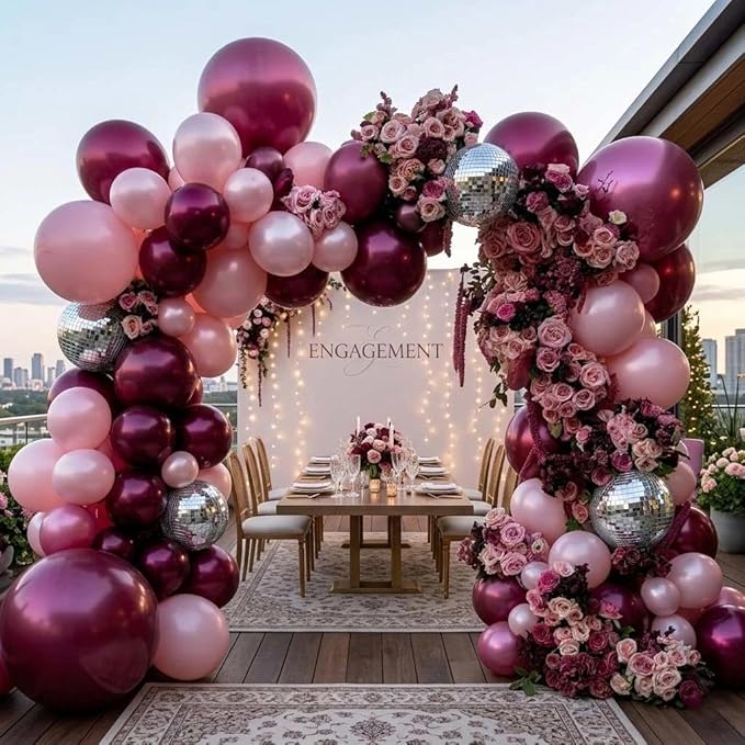 Purple Pink Balloon Arch Double Stuffed Burgungy Pink Pearl Balloons Plum Silver Disco Balloon Garland for Birthday Prom Bridal Shower Mother’s Day Wedding Music Theme Party Decoration