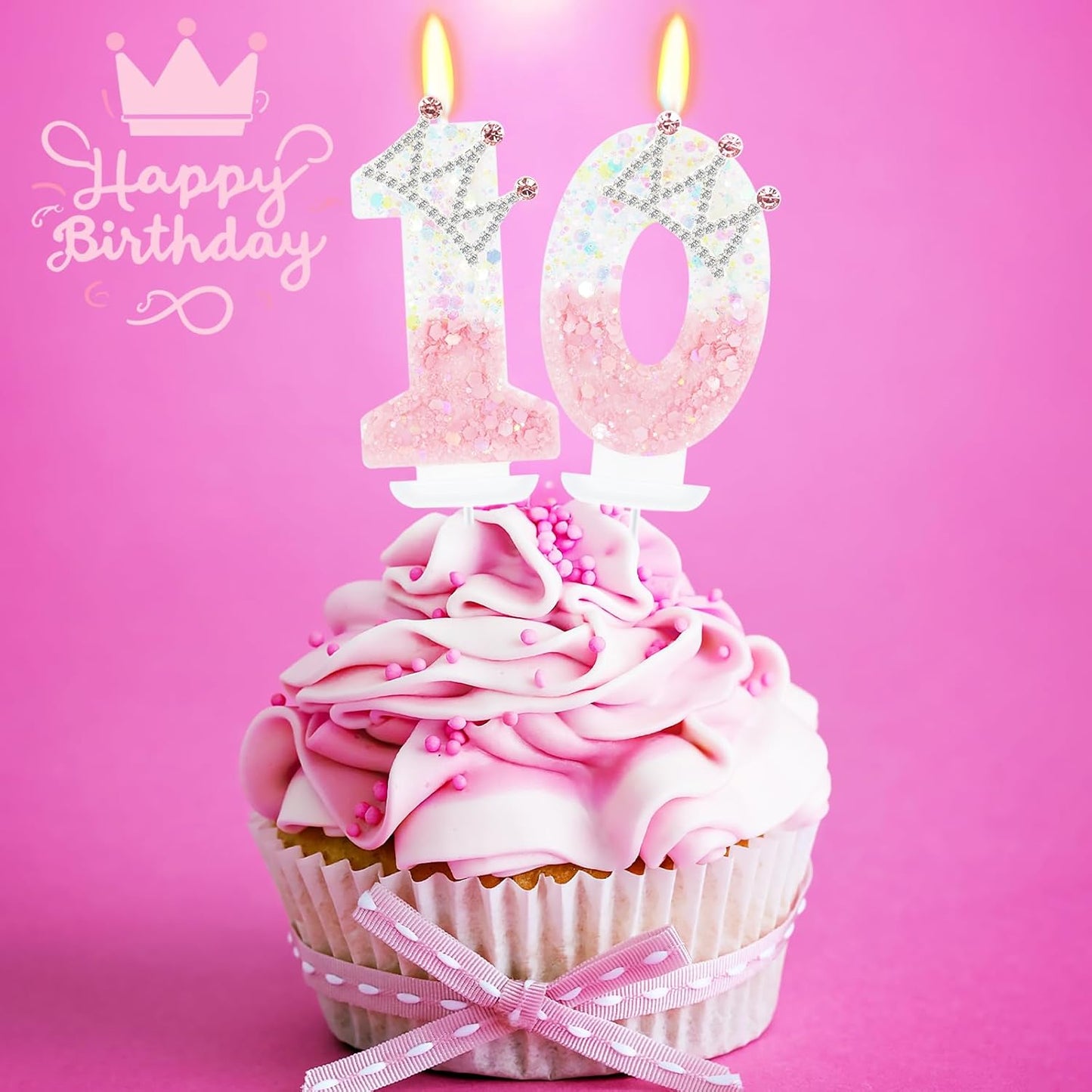 Pink White Number 10 Candle, Glitter Crown Cake Topper, Princess Birthday Party Decorations for Girls and Women Anniversary Celebrations Party Favors