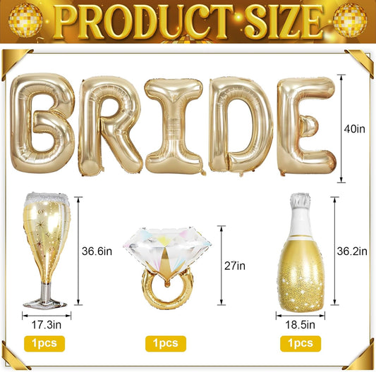 40inch Bride Balloons Light Gold Letters Banner, Bachelorette Party Decoration Set with Diamond Ring Champagne Bottle Balloon Glass Foil Balloon for Bachelorette Engagement Wedding Bridal Shower Decor