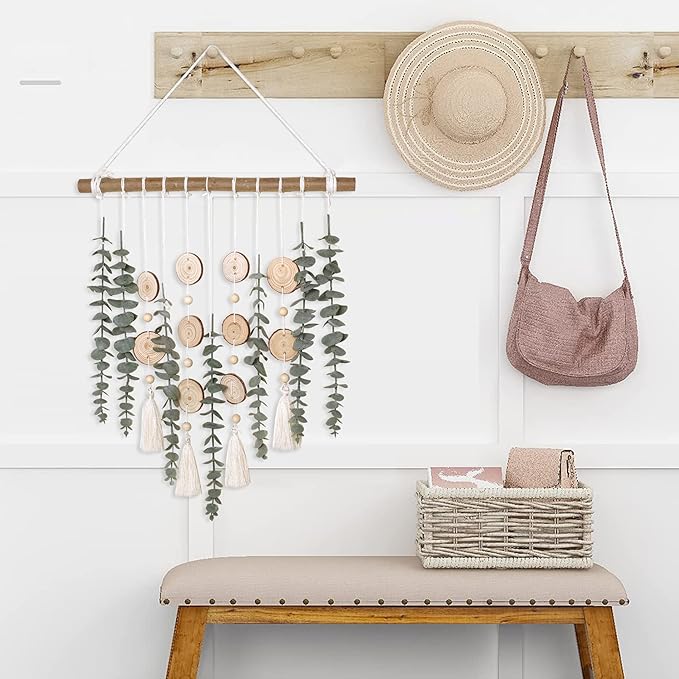 Bathroom Decor Artificial Eucalyptus Greenery Hanging Wall Decor Faux Eucalyptus Leaves Hanging Plant with Wooden Stick with Rustic Farmhouse for Bedroom Nursery Boho Home Decorations