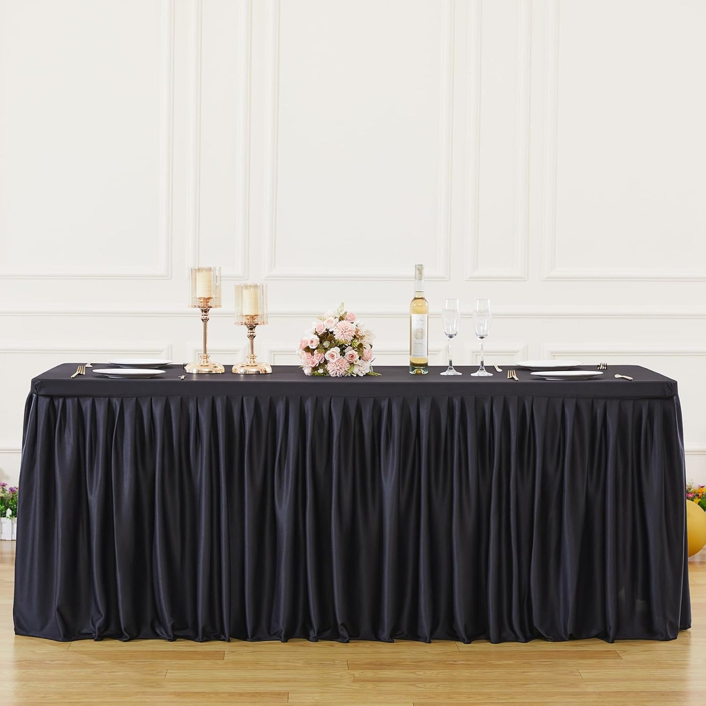 Black Polyester Table Clothes for 4 Foot Rectangle Tables, Wrinkle Free Fitted Table Cover with Pleated Ruffle Table Skirt for Birthday Party Wedding Trade Show Event Display