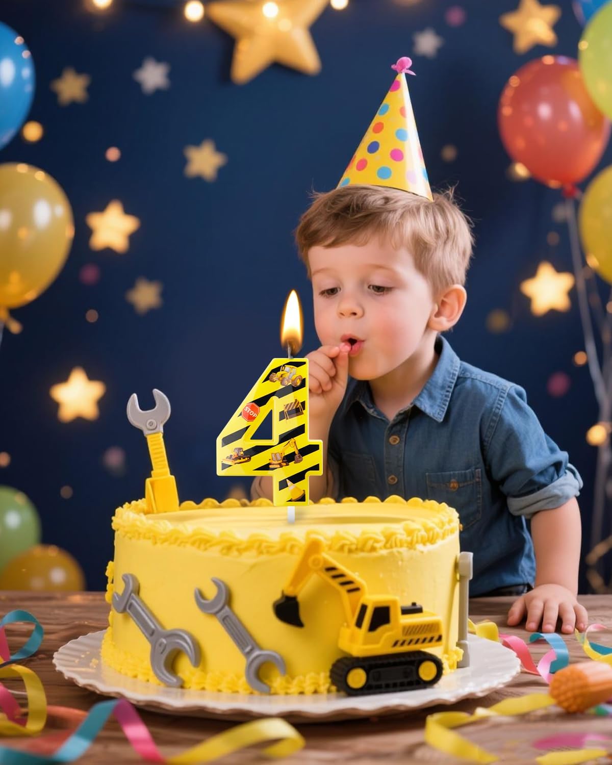 Number 4 Construction Birthday Candle, 2.68 Inch Yellow and Black Striped Candle, Birthday Candles Numbers Construction Cake Topper for Boys Girls, Construction Birthday Party Supplies Decorations