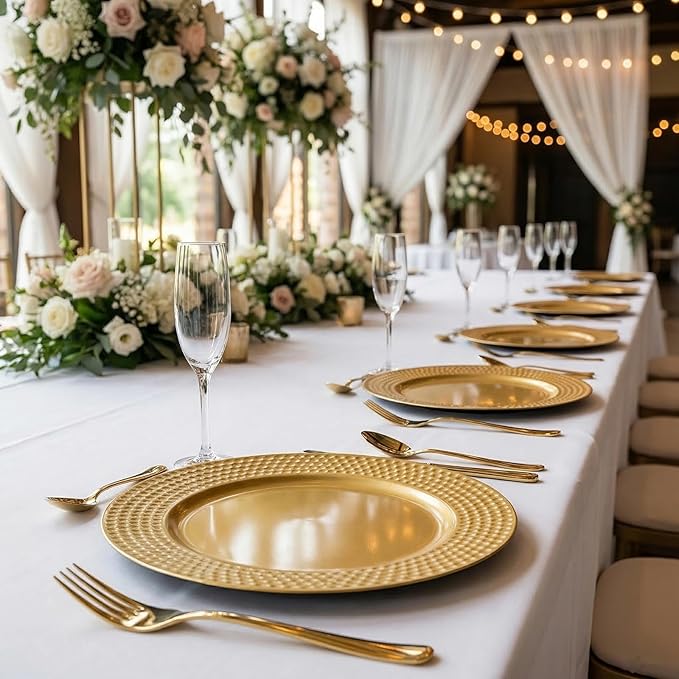 Nicunom 12 Pack Gold Charger Plates, 13 Inch Round Charger Plates with Hammered Rim, Plastic Charger Plate for Wedding Dinner Party Event Decoration