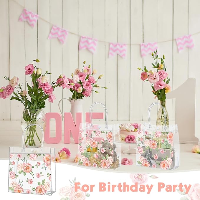 Aliceset 20 Pcs Clear Floral Clear Gift Bags with Handles PVC Flower Rose Party Goodie Treat Bag for Mother's Day Mom Tea Party Baby Shower Spring Birthday Bridal Shower, 8 x 8 x 3.15 Inch