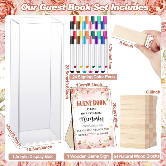 80 Pcs Wedding Guest Book Alternative Wooden Block Guest Book for Wedding Sign in Bridal Shower Decoration Wooden Block Bridal Shower Game for Sign in, Reception(Floral)