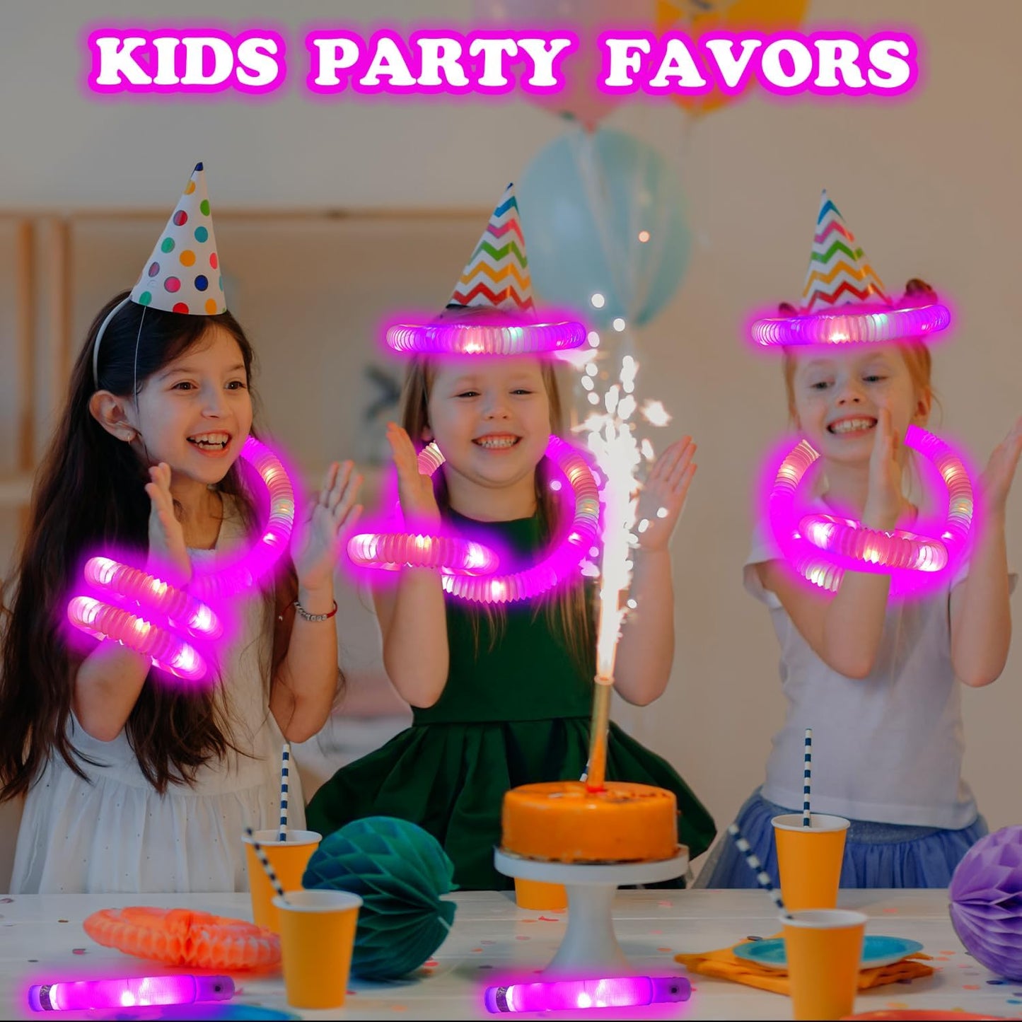 24 PCS Pink Glow Sticks Party Favors for Kids,LED Light up Pop Tubes for Toddlers, Christmas Neon Necklaces Bracelets Accessories,Glow Birthday Dance Wedding Camping Party Supplies Decorations