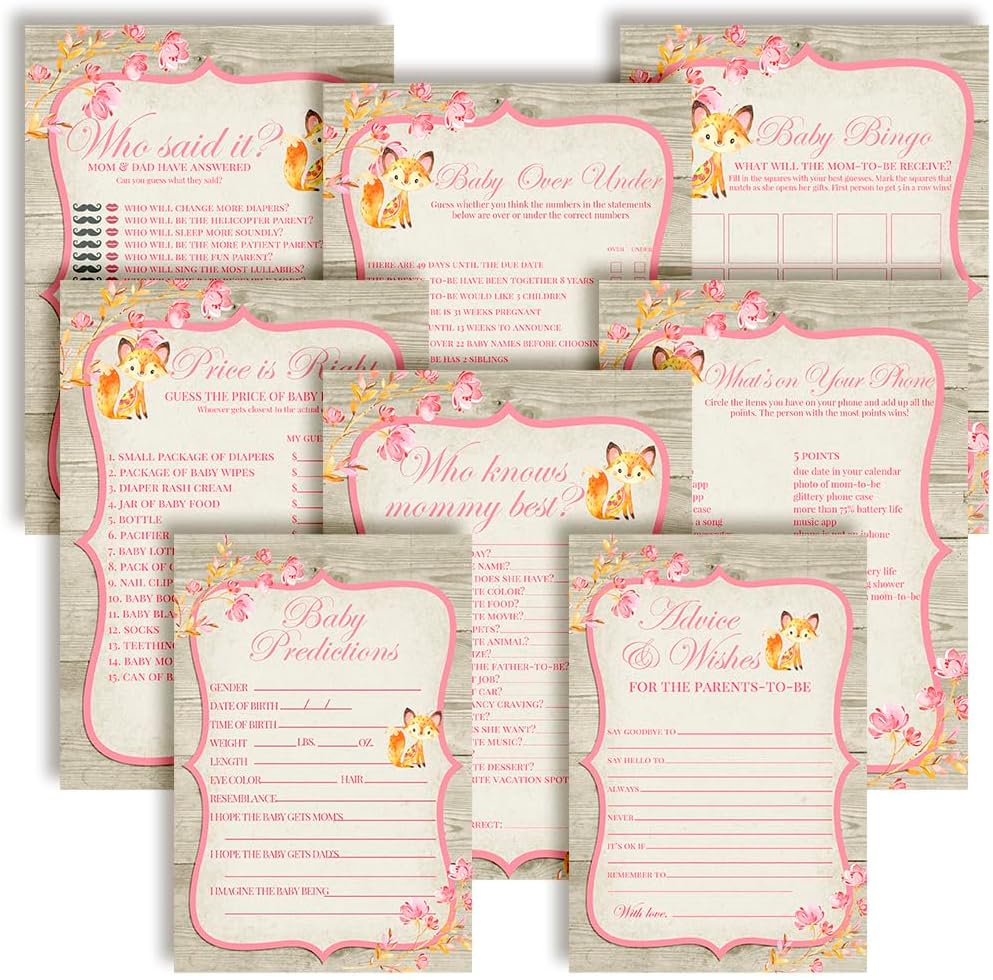 Baby Shower Games 8 Game Set Pink Watercolor Woodland Fox Girl 80 Double-Sided Cards for 20 Guests. Baby Shower Bingo, Baby Predictions & Activities for Guests. Theme for Girl