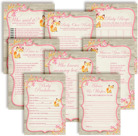 Baby Shower Games 8 Game Set Pink Watercolor Woodland Fox Girl 80 Double-Sided Cards for 20 Guests. Baby Shower Bingo, Baby Predictions & Activities for Guests. Theme for Girl