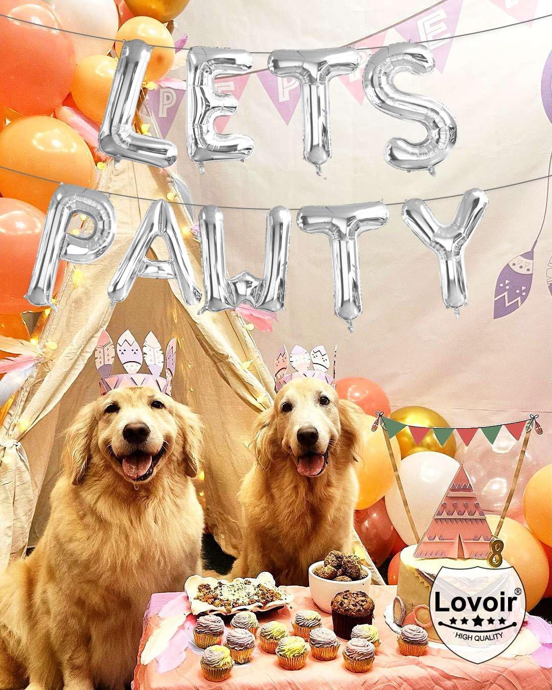 9 Pcs Lets Pawty Balloons Banner 16 Inch, Dog Cat Pet Birthday Letters Sign Lets Pawty Balloons Happy Birthday Banner for Pet Dog Cat Party Supplies Decorations (Silver)