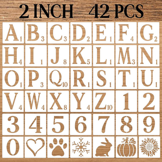 2 Inch Letter Stencils Numbers Craft Stencils, 42 Pcs Reusable Plastic Alphabet Drawing Templates for Painting on Wood, Wall, Fabric, Rock, Signage, Door Porch, DIY Art Projects