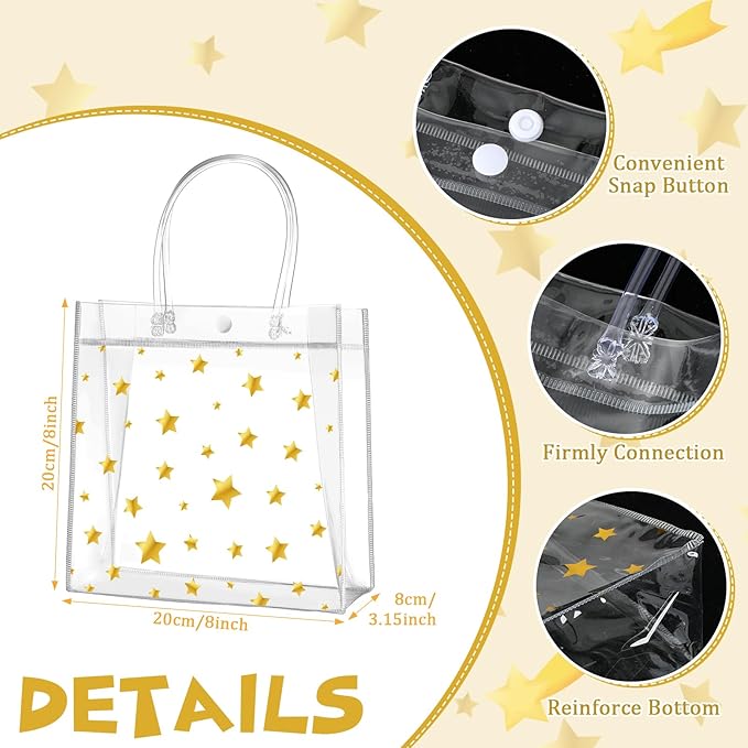 Aliceset 20 Pcs 8 x 8 x 3.15 Inch Clear PVC Gift Bags with Handles Small Gold Foil Star Transparent Star Party Favor Goodie Bags for Baby Shower Birthday Wedding Candy Snack Gift Wrapping
